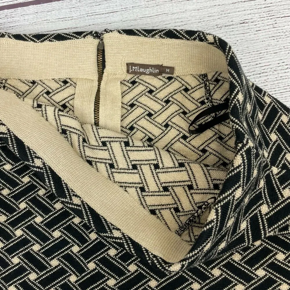 J. McLaughlin Black Beige Basket-weave metallic Knit Pencil Skit Size M